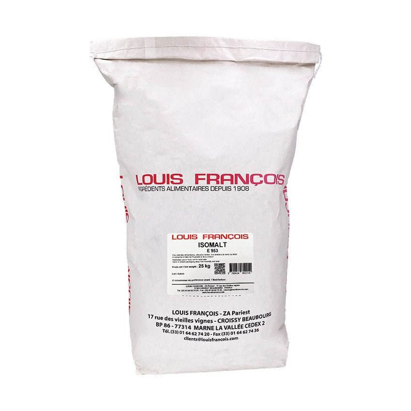 Louis François Isomalt E953 25kg bulk industrial paper sack with red branding and nutritional label