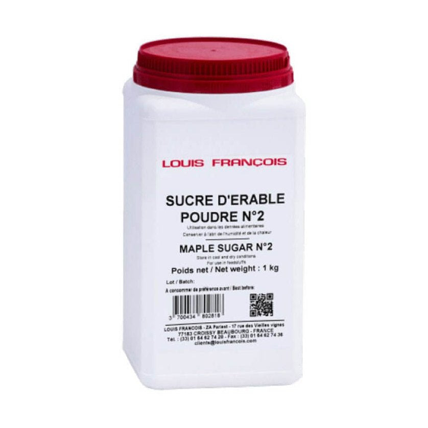 Louis François Maple Sugar N°2 in white 1kg container with red ribbed lid and bilingual label