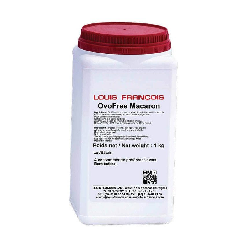 Louis François OvoFree Macaron egg-free baking mix in 1 kg white container with red lid