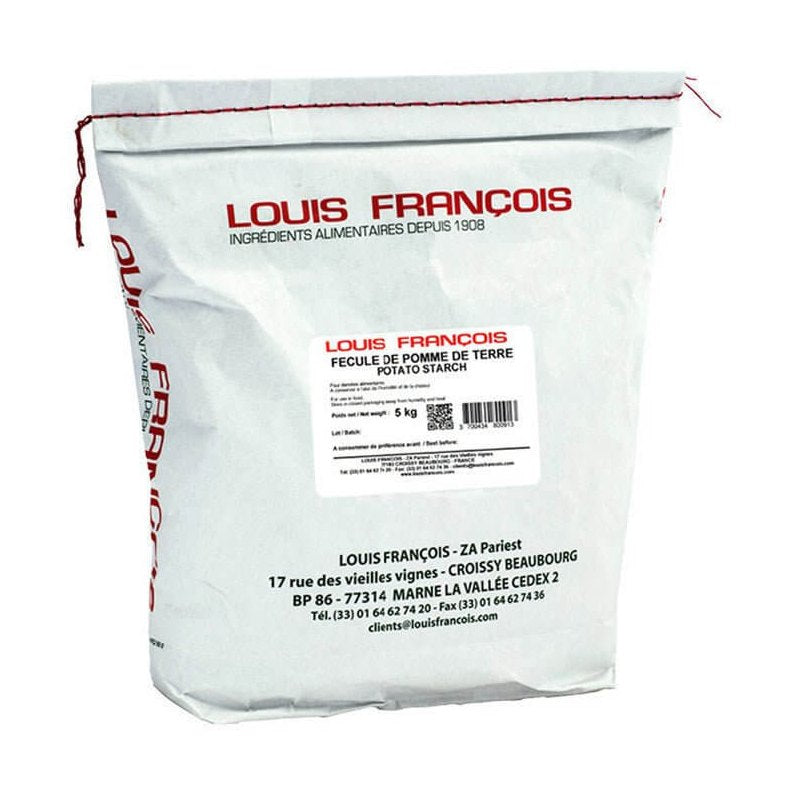 Louis François 5kg Potato Starch resealable pouch with red stitching and French contact details
