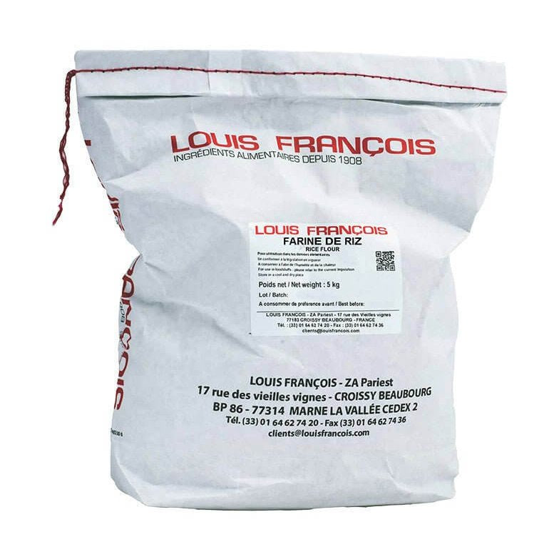 Louis François Rice Flour 5kg paper bag with red stitching and drawstring seal