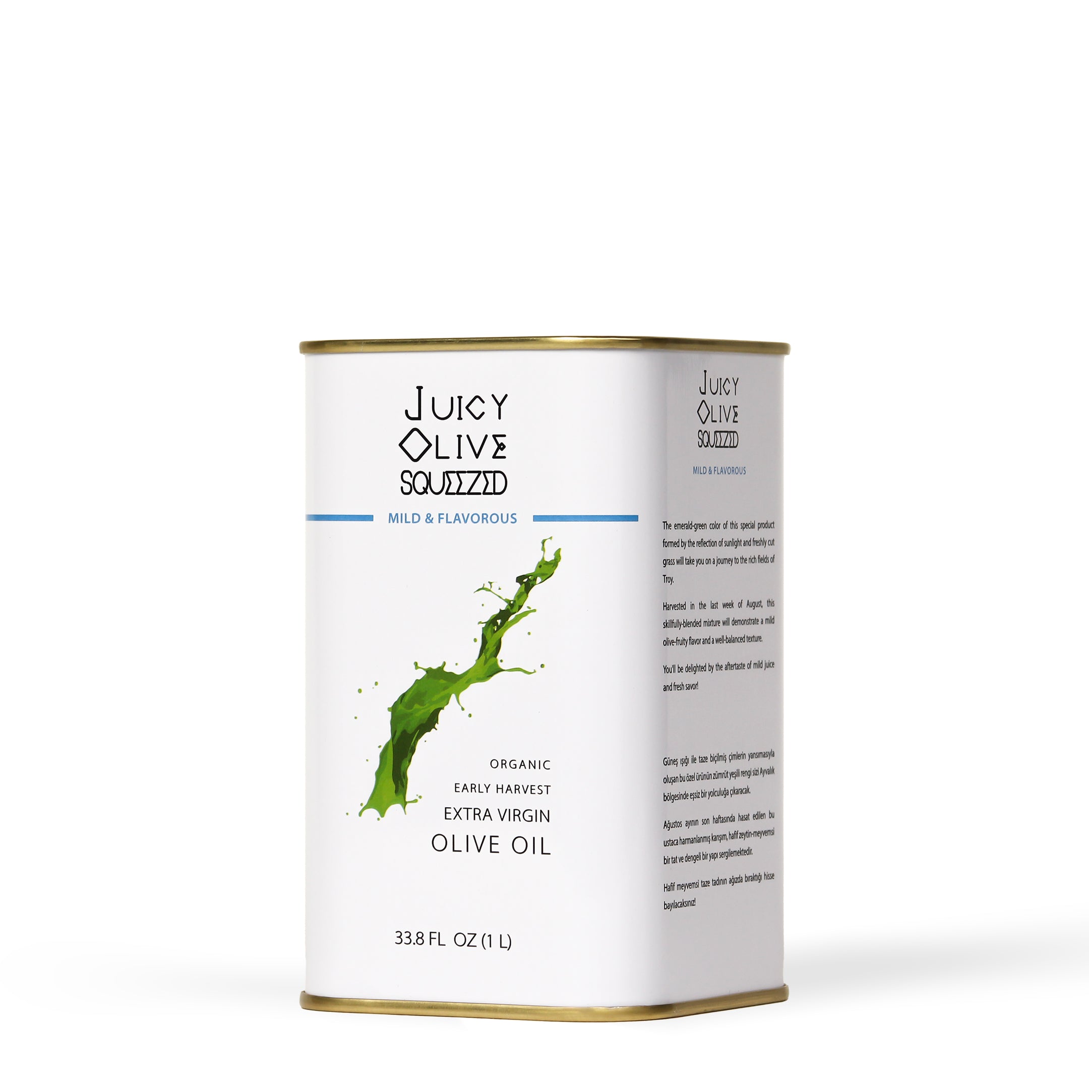 Juicy Olive Souzized olive oil can on a white background