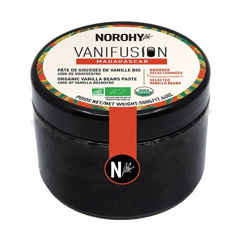 NOROHY Organic Madagascan Vanilla Bean Paste in matte black jar with USDA and EU organic certification labels