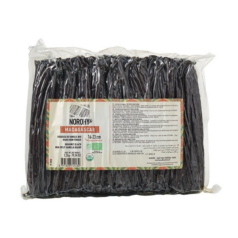 NOROHY organic black non-split Madagascan vanilla beans 16-23cm in clear packaging