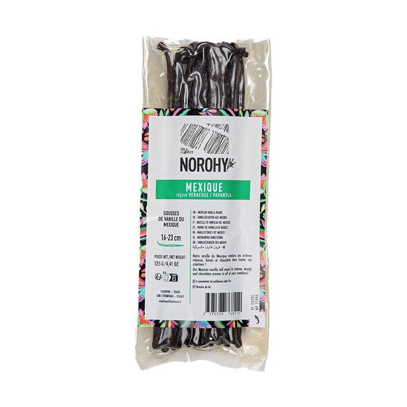 NOROHY Organic Mexican Vanilla Beans 16-23cm in clear packaging with floral label