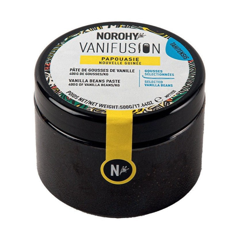 NOROHY Papua New Guinea Tahitensis Vanilla Bean Paste in matte black jar with colorful geometric lid and white label