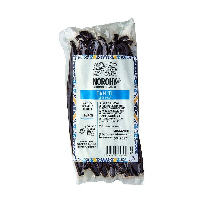 NOROHY Tahitian Vanilla Beans 18-20cm in vacuum-sealed packaging with blue and yellow label