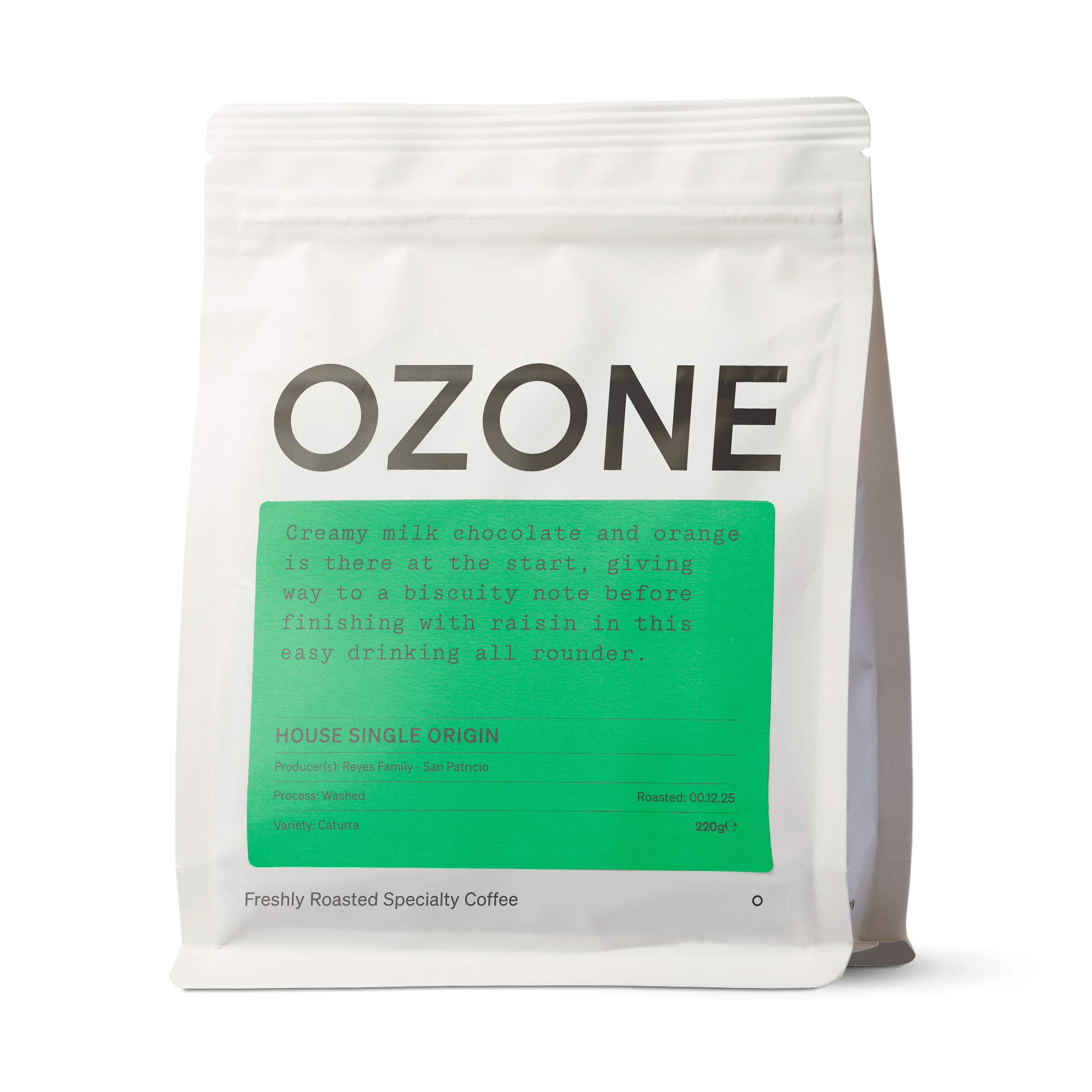 Ozone House Guatemala San Patricio Caturra washed coffee bag with teal label showing milk chocolate and orange notes