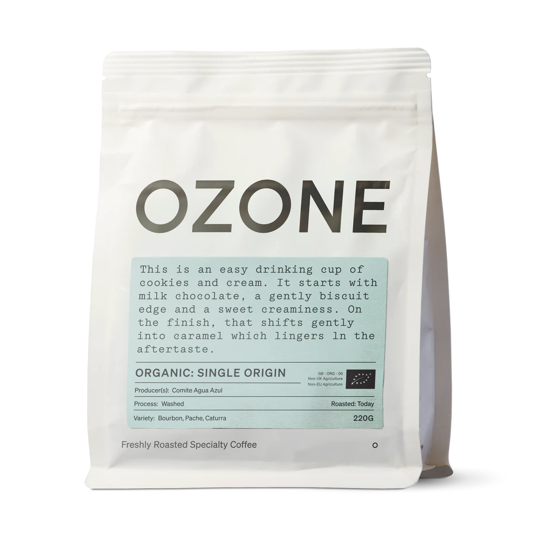 Ozone Organic Single Origin coffee bag with cookies and cream milk chocolate caramel tasting notes