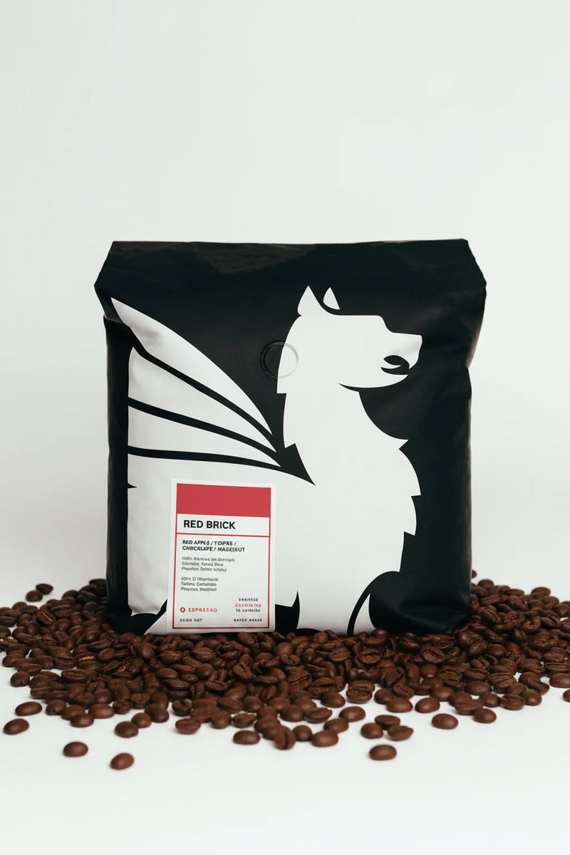 Black bag with white winged horse design and red label on a white background