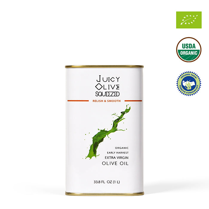 Juicy Olive Squeezed olive oil can with USDA Organic label on a white background