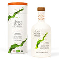 Juicy Olive Squeezed olive oil bottle and packaging on a white background