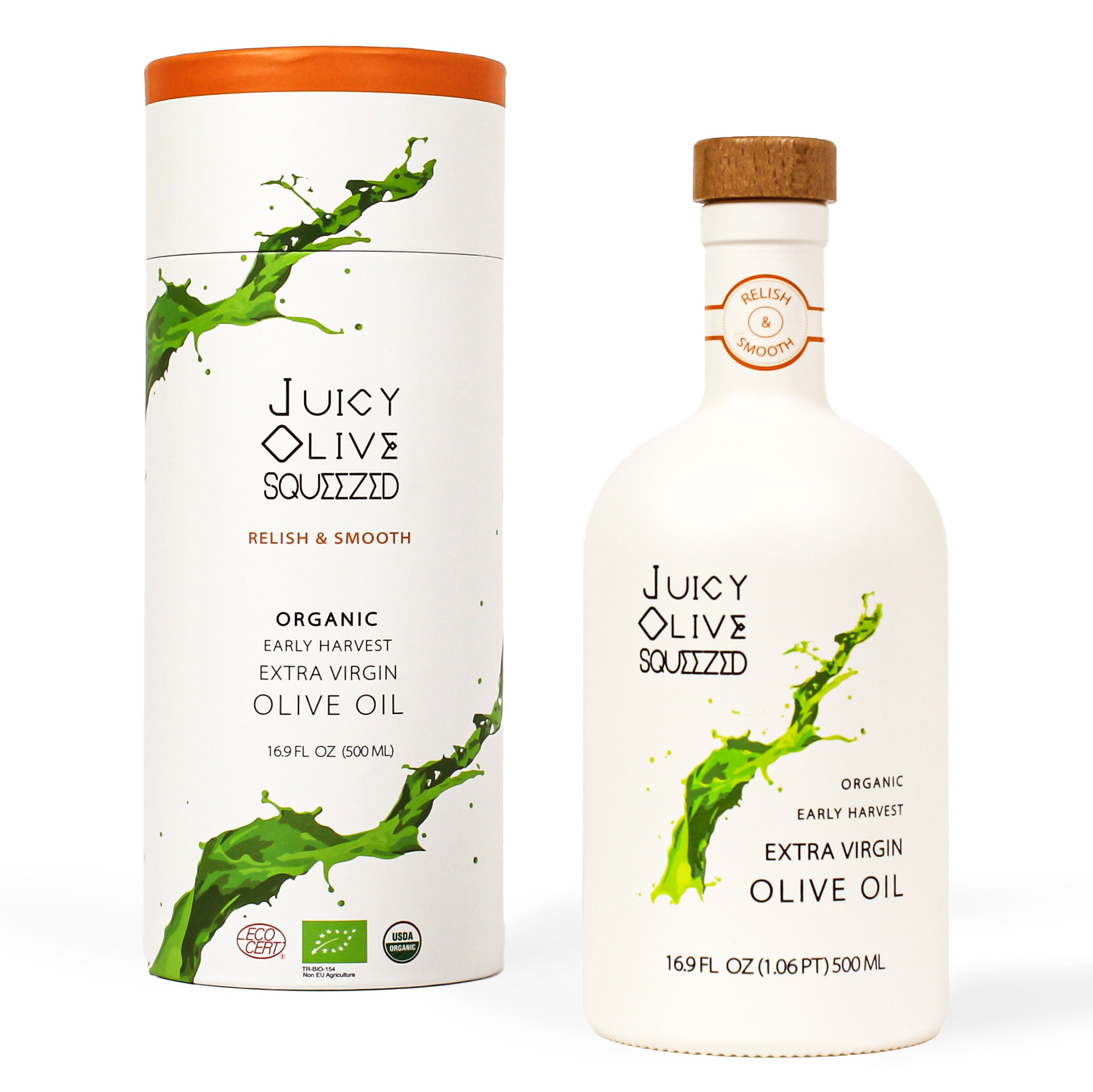 Juicy Olive Squeezed olive oil bottle and packaging on a white background