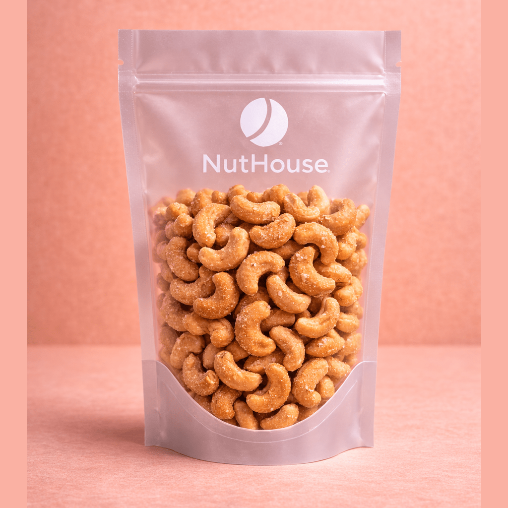 Nut House roasted salted cashews in transparent resealable pouch with golden nuts and visible salt crystals