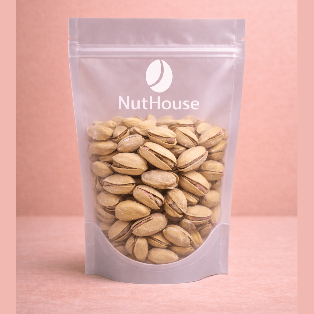 Nut House roasted salted pistachios in clear resealable pouch with visible pink kernels and salt dusting