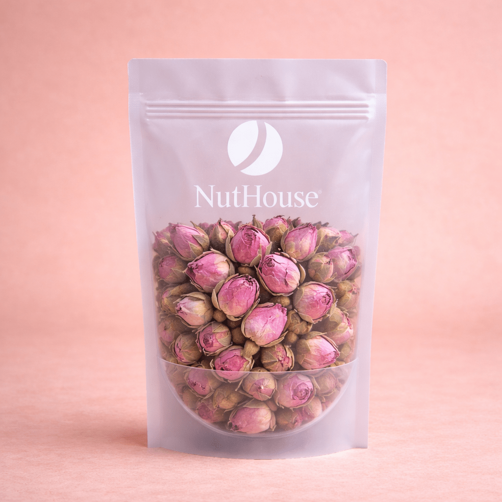 Nut House dried rose petals in resealable pouch with vibrant magenta buds and papery texture