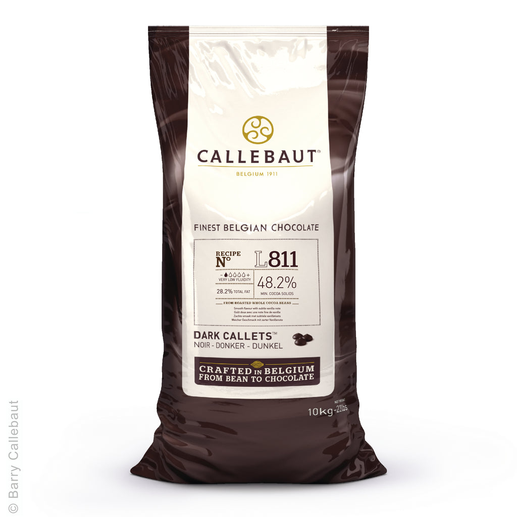 Callebaut dark chocolate callets packaging on a white background