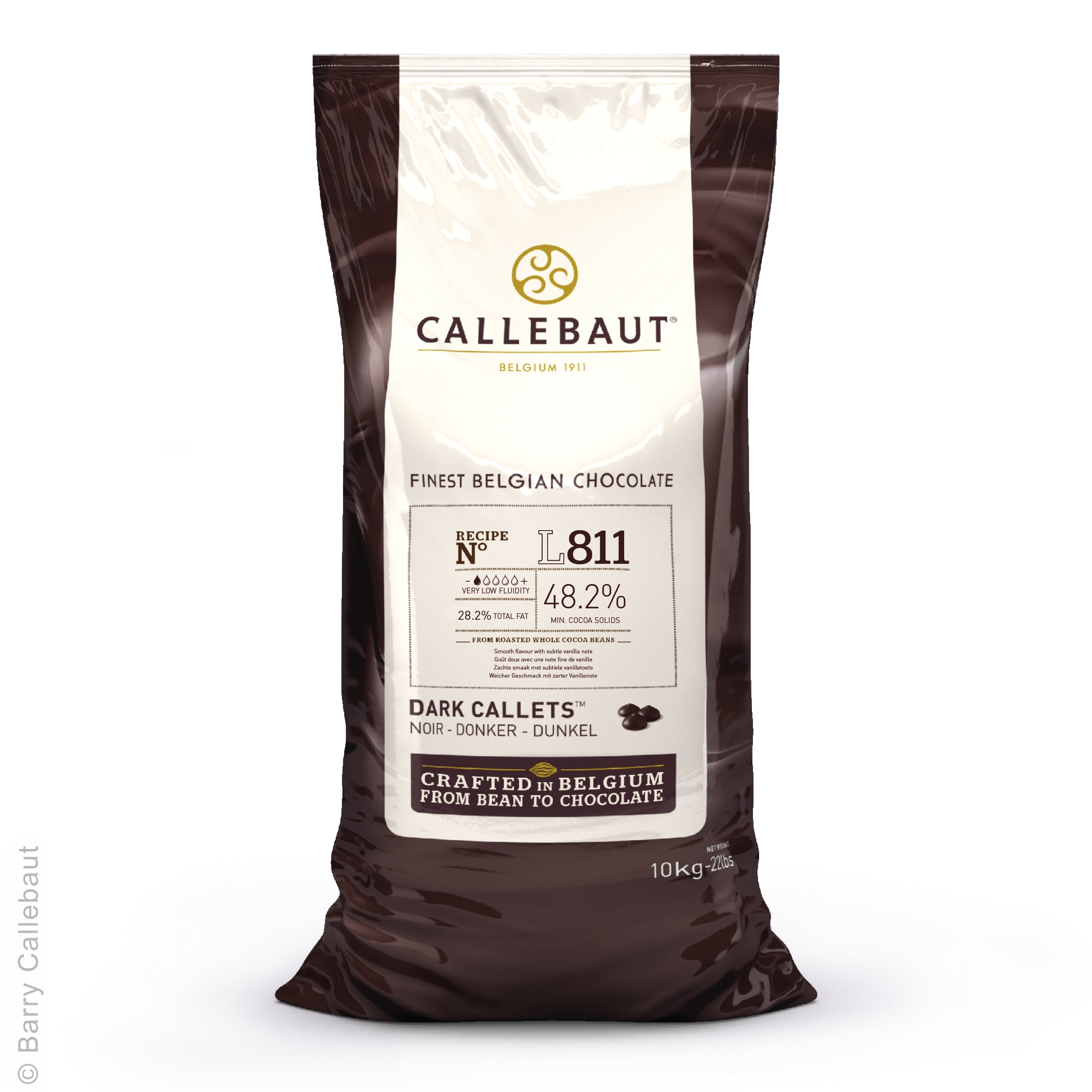 Callebaut dark chocolate callets packaging on a white background