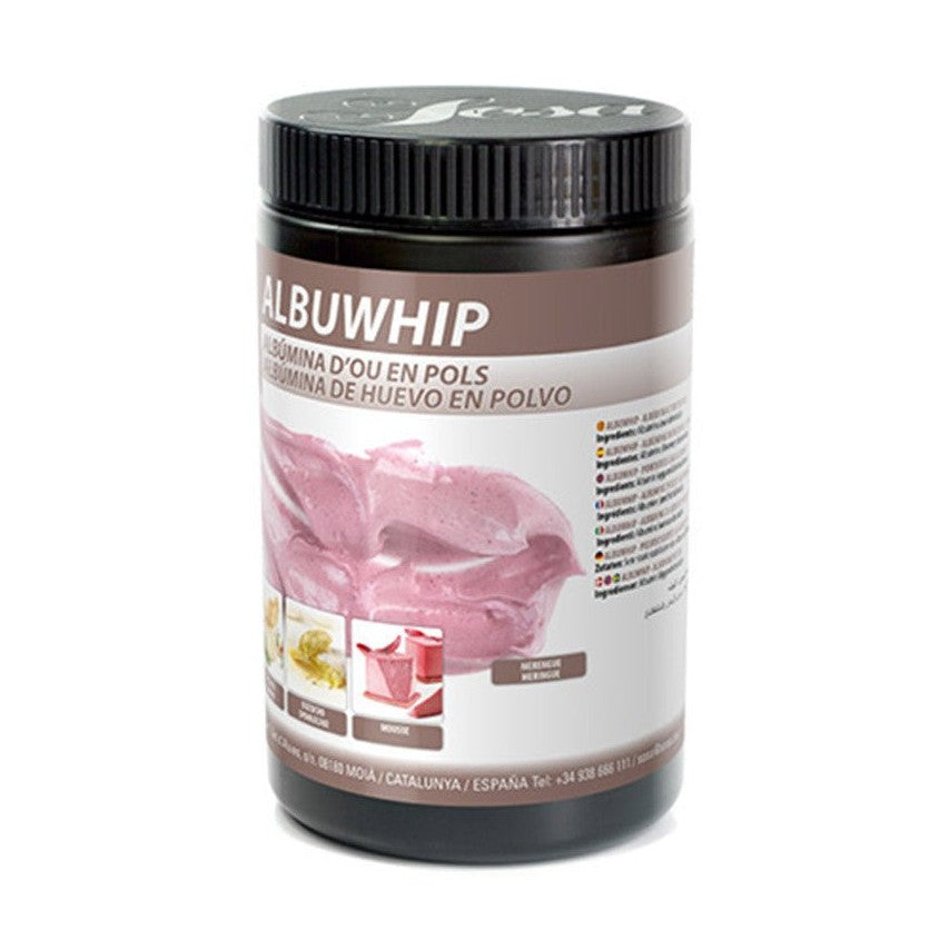 Sosa Albuwhip egg white powder in black container with label showing glossy whipped foam for meringue and mousse