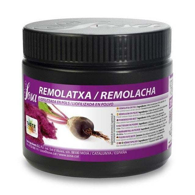 Sosa Beetroot Powder in black jar with purple label showing deep ruby-red powder and whole beetroot