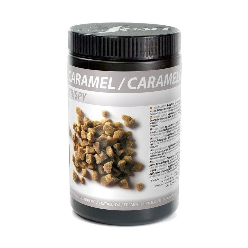 Sosa Caramel Crispy golden-brown crunchy baking ingredient in black container with ribbed lid