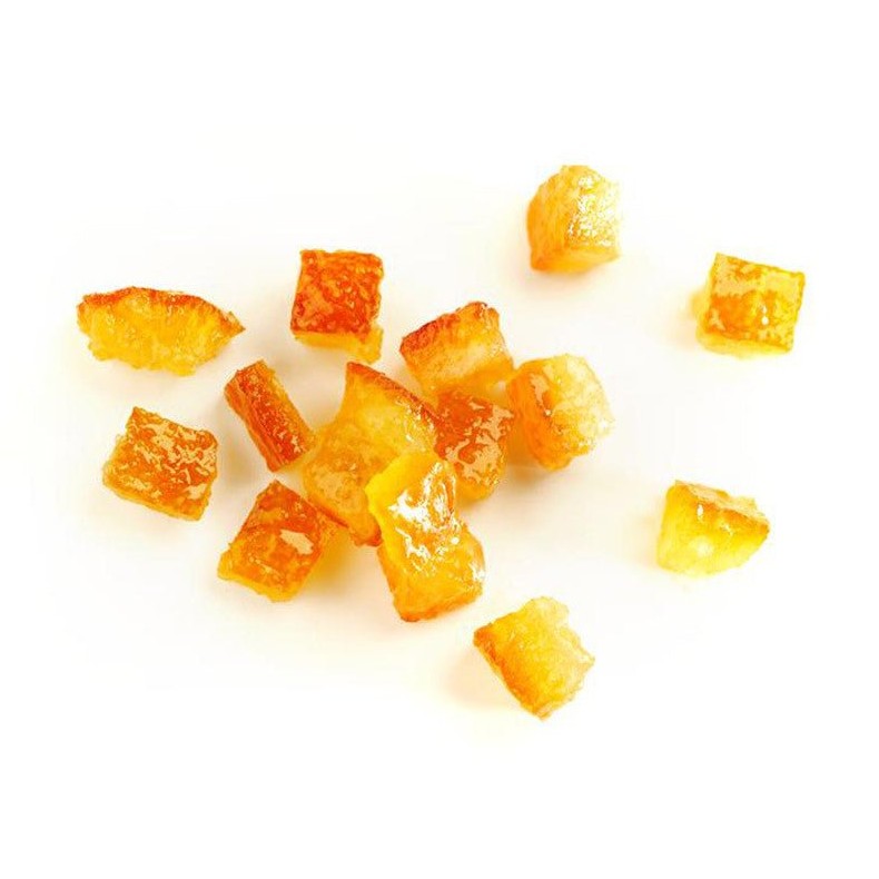 Glossy golden-orange cold confit diced orange peel pieces showing moist texture