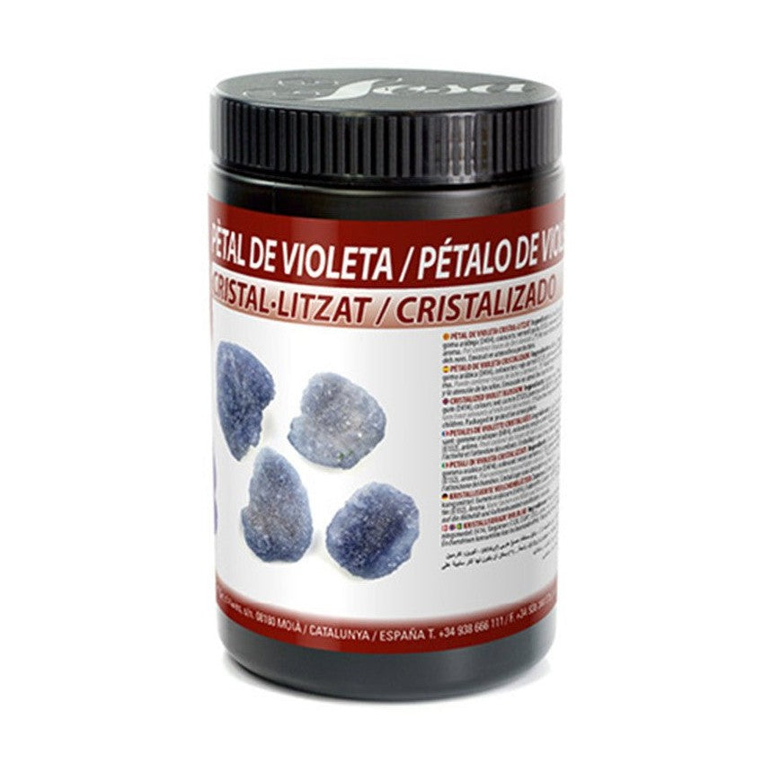 Sosa Crystallised Violet Petals in black container with deep blue-purple sugar-coated flowers on label