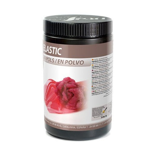 Sosa Elastic hydrocolloid powder in black jar with red flexible gel sample for modernist cuisine
