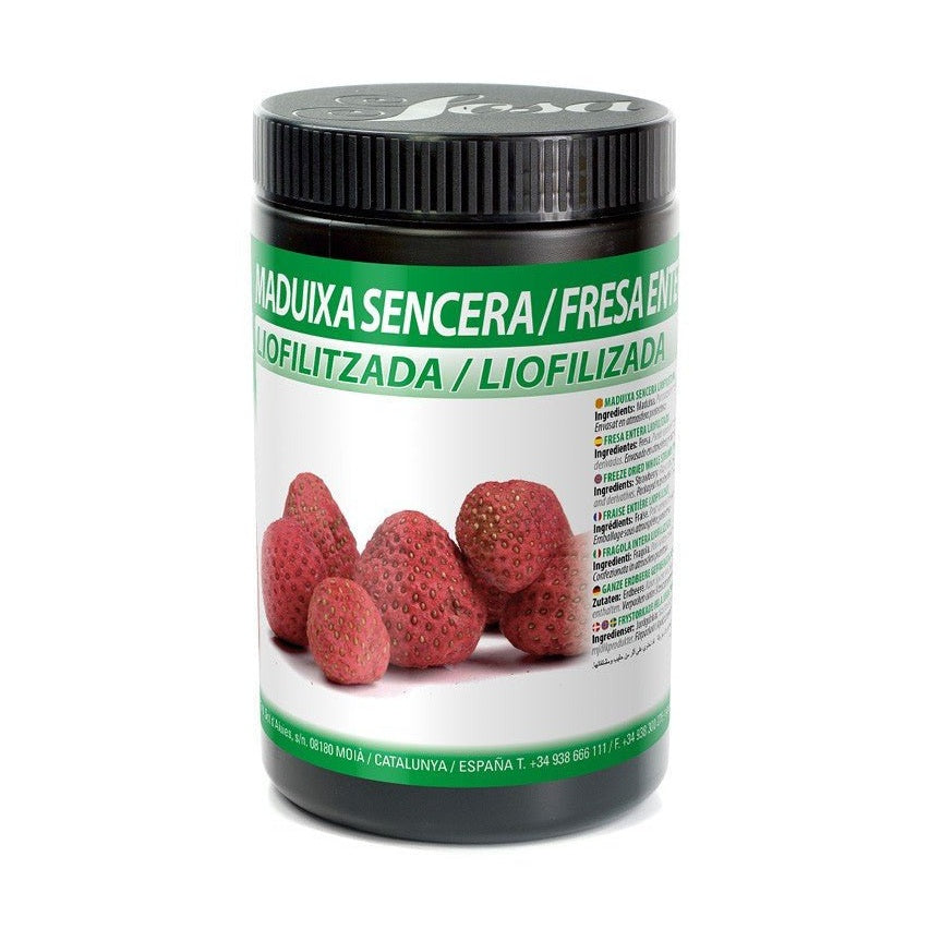 Sosa freeze dried whole strawberries in black container with deep red textured berries on label
