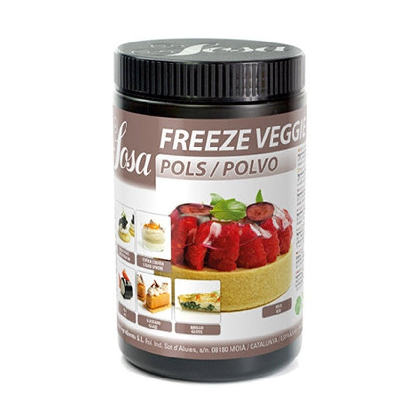 Sosa Freeze Veggie Gel powder in black container with label showing raspberry tart and frozen dessert applications