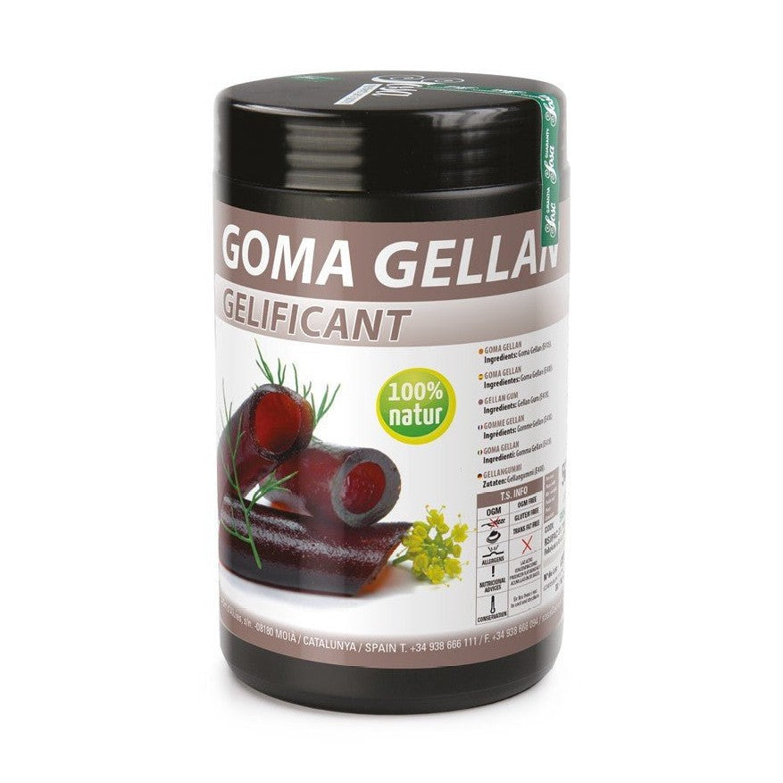 Sosa Gellan Gum black container with glossy burgundy gel slices and rosemary garnish