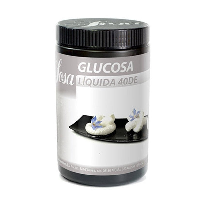 Sosa Liquid Glucose 40DE in black container with label showing swirled caramel and nougat for patisserie