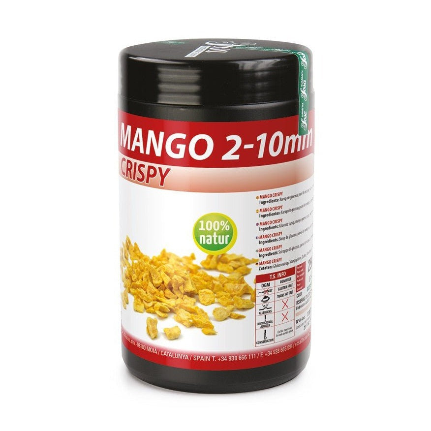 Sosa Mango Crispy 2-10mm freeze-dried golden mango pieces in black container with red label