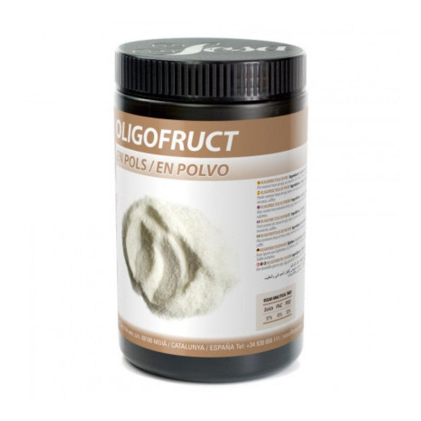 Sosa Oligofruit prebiotic sweetener powder in black container with brown label showing fine off-white granular texture for baking