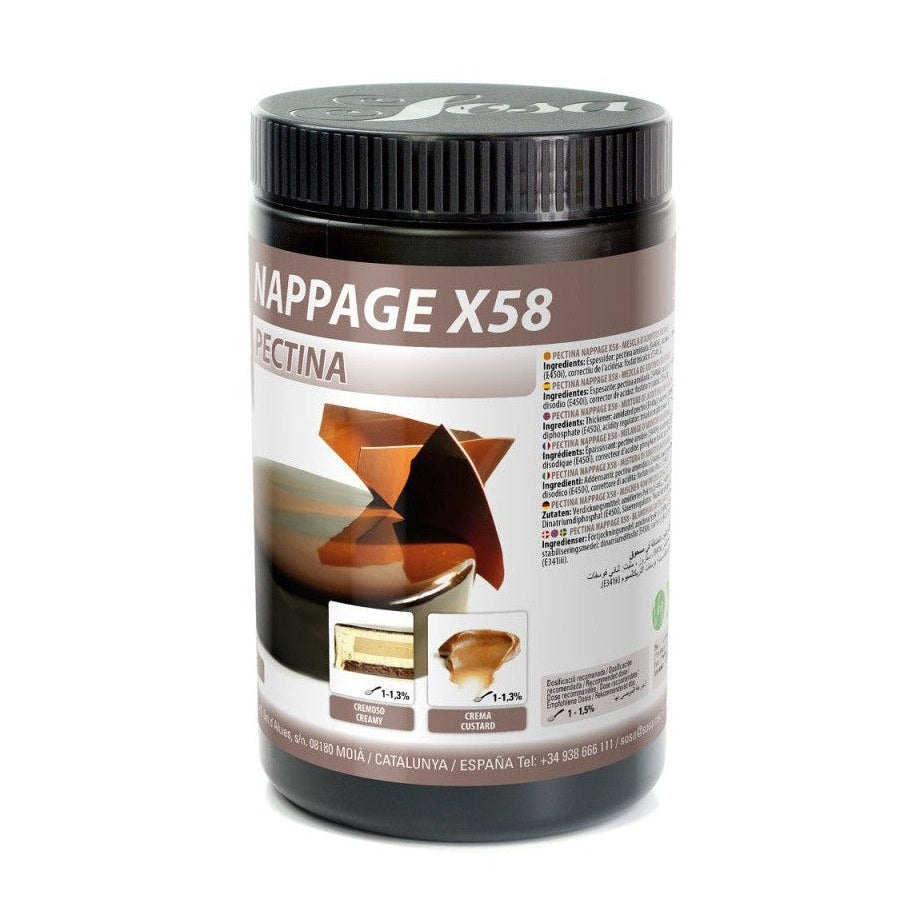 Sosa Pectin Nappage X58 baking ingredient in matte black container with glossy amber mirror glaze label for professional patisserie