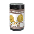 Sosa Potatowhip vegan meringue powder in black container showing golden macarons and mousse desserts