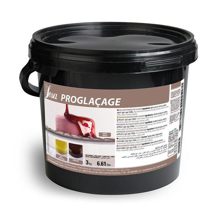Sosa Pro Glaze 3kg black tub with mirror finish label showing red glaze on tart