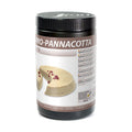 Sosa Pro Pannacotta stabiliser blend in black container with label showing silky smooth pale beige dessert garnished with red berries