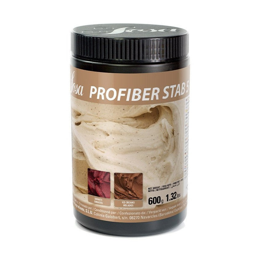 Sosa Profiber Stab 5 stabilizer blend for ice cream and sorbets in black cylindrical container with label showing creamy vanilla texture