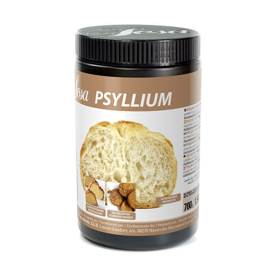 Sosa Psyllium husk powder in black jar with gluten-free bread and cake texture on label