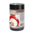 Sosa Sojawhip vegan protein powder in black container with label showing glossy red mousse cross-section