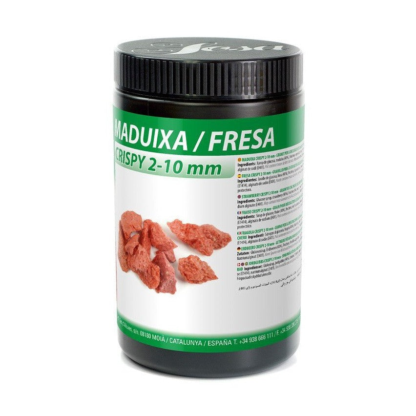 Sosa Strawberry Crispy 2-10mm freeze-dried strawberry pieces in black cylindrical container with green and white label