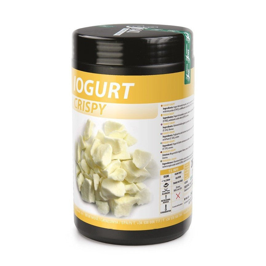 Sosa Yogurt Crispy black tub with yellow label showing pale cream dairy-free crispy yogurt pieces for baking