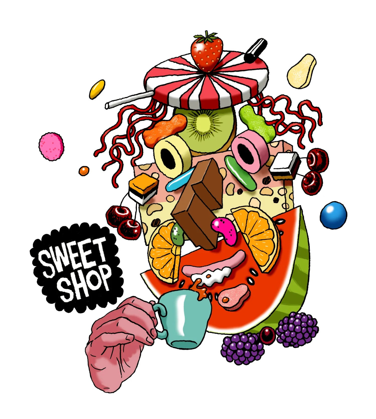 Colorful illustration of a dessert with various treats and a hand holding a cup, labeled 'Sweet Shop'.