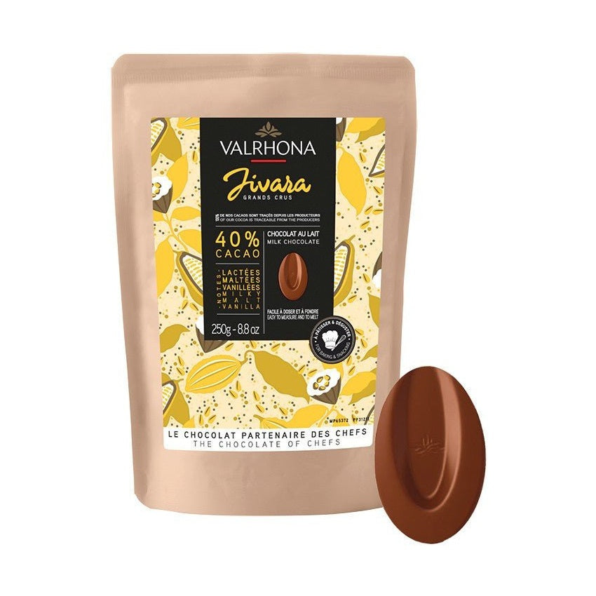 Valrhona Jivara 40% milk chocolate pouch with creamy cocoa butter texture and yellow botanical label