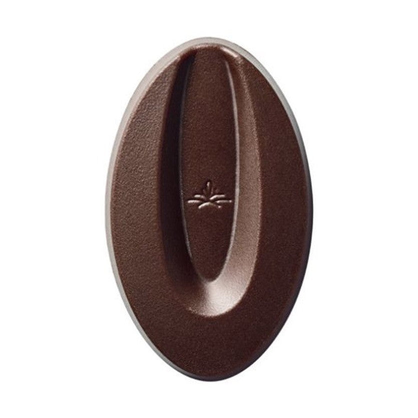 Valrhona Satilia Dark 70% chocolate bean with embossed logo and central groove