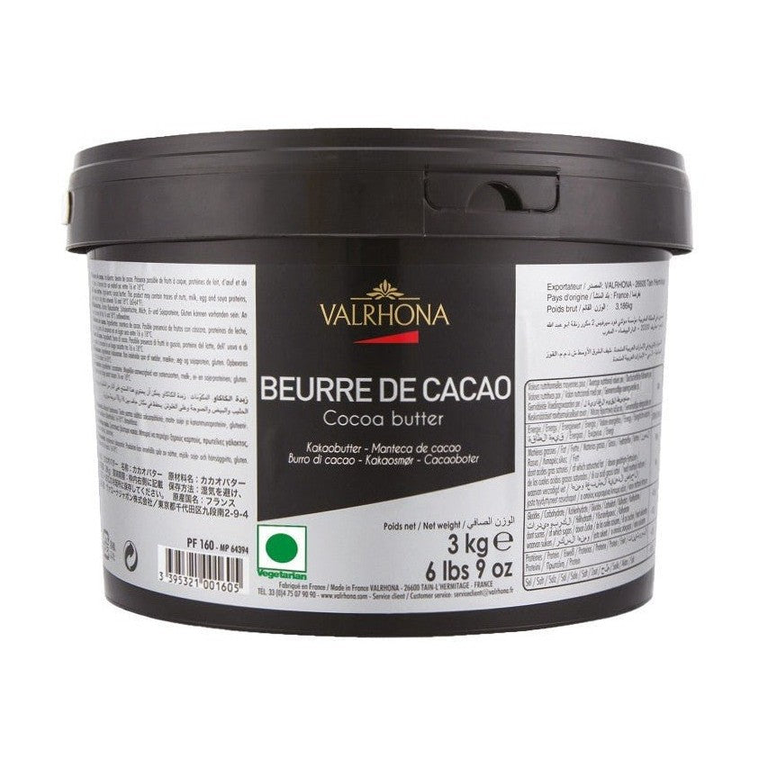 Valrhona Cocoa Butter 3kg matte black tub with gold logo and vegetarian label