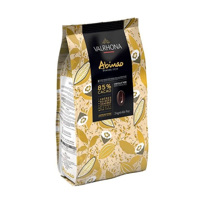 Valrhona Abinao 85% Cacao dark chocolate 3kg resealable bag with botanical pattern