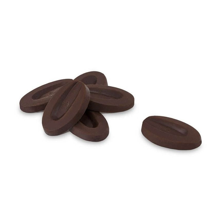 Valrhona Abinao 85% dark chocolate couverture discs with glossy finish and embossed logo