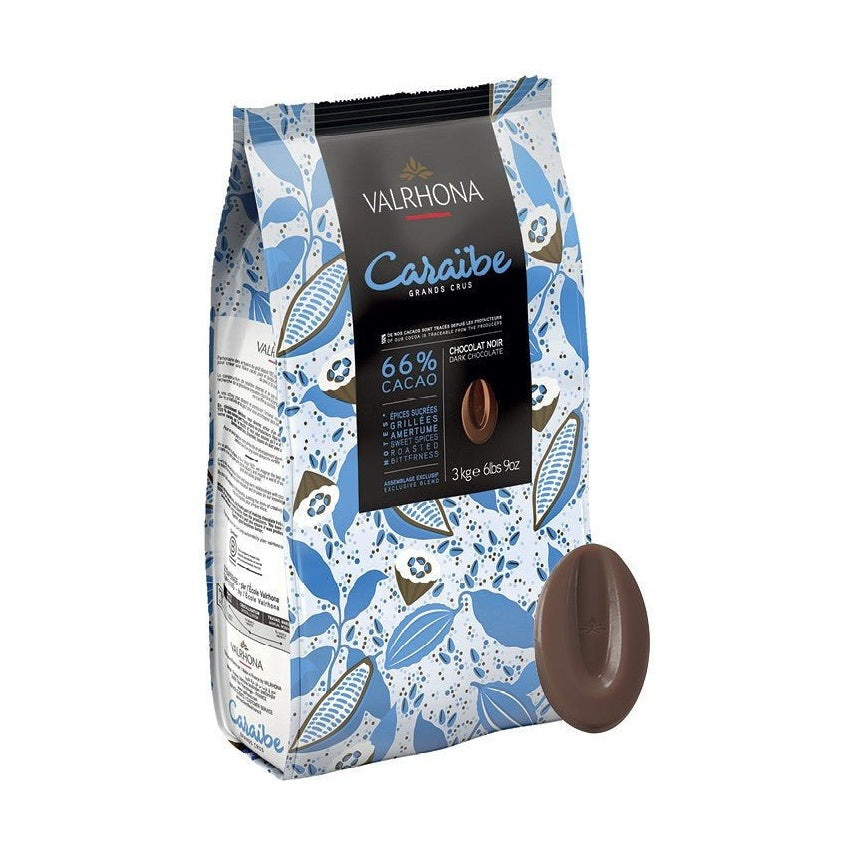 Valrhona Caraïbe 66% dark chocolate couverture bag with blue cocoa pod design and glossy brown disc